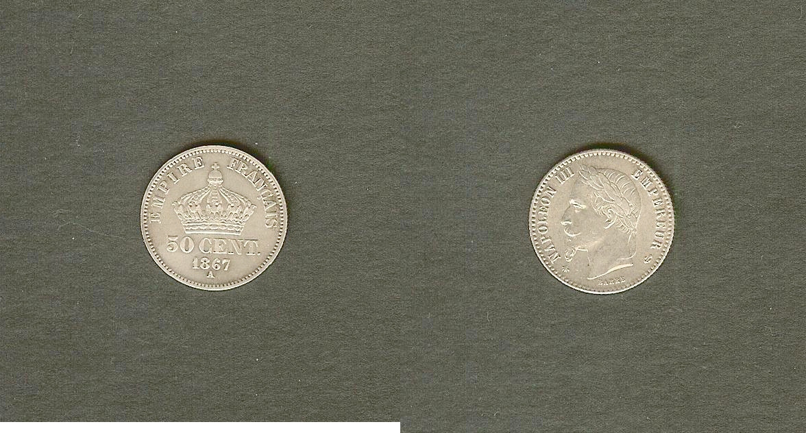 50 centimes Napoléon III, tête laurée 1867 Paris SUP- à SUP